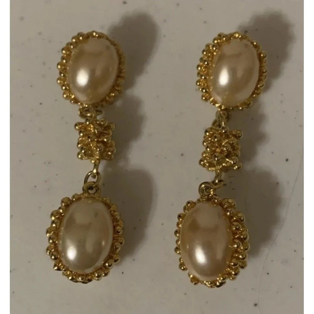 Vintage Chunky Faux White Pearl Gold Tone Statement Earrings